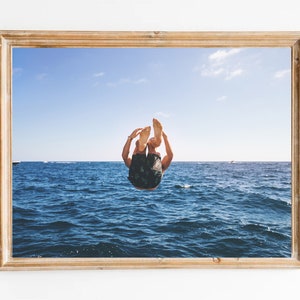 Swimming print-Jumping in Sea photography print-Panoramic Ocean print-Boy jumping into the water modern wall art-Swimming Jumping Art Print