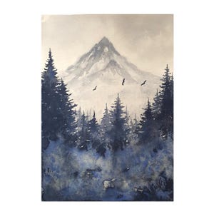 Dipinto del Monte Hood da 6"-8" Paesaggio delle Montagne Fumose dell'Oregon Acquerello originale Paesaggio del Pacifico nord-occidentale Pini nebbiosi Arte murale