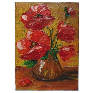 Pintura de papoula 5 "× 7" Papoilas Natureza morta Arte a óleo original Vaso verde com papoulas Arte de parede Floral Natureza morta Pequena pintura Arte de flores vermelhas