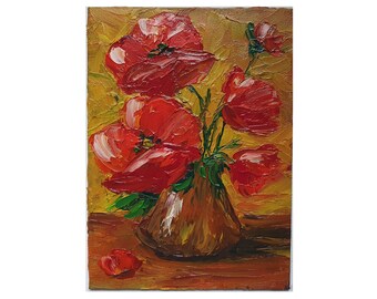 Original Poppy Oil Painting: Floral Still Life, Red Flowers (5x7)