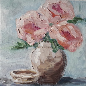 Pintura de peonía de 20 x 20 cm, pintura al óleo original floral, bodegón floral, flores, pintura de empasto, flores rosas en jarrón beige, obra de arte al óleo