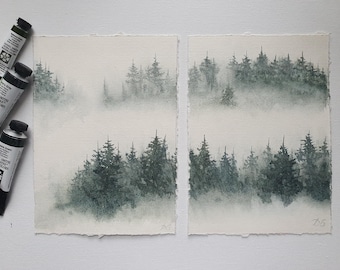 Aquarel bosschilderij set: Pacific Northwest landschapskunst, 5 x 7 origineel van Desi Guteva