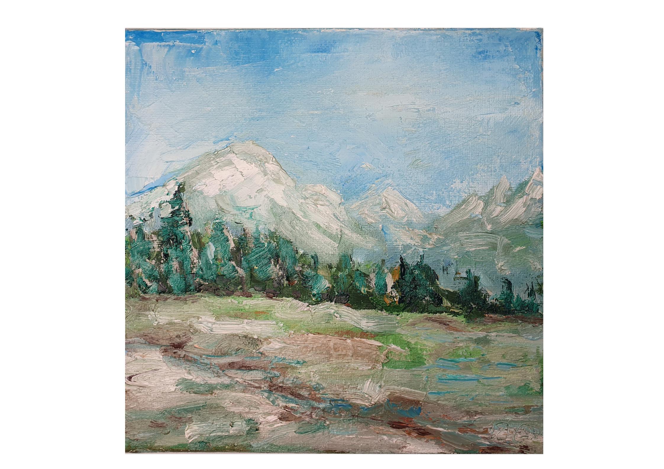 ロッキー山脈の油絵：インパスト山の牧草地の風景、8x8 - Etsy 日本