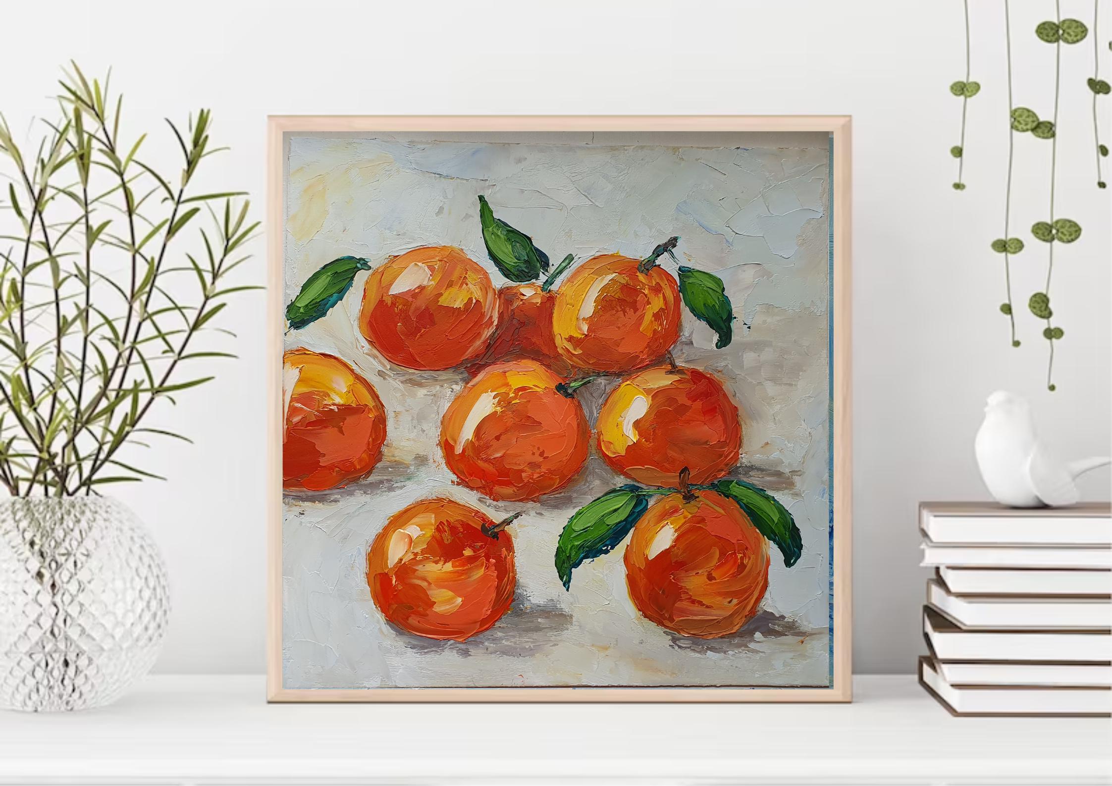 Original Clementine Oil Painting: Impasto Citrus Still Life Orange