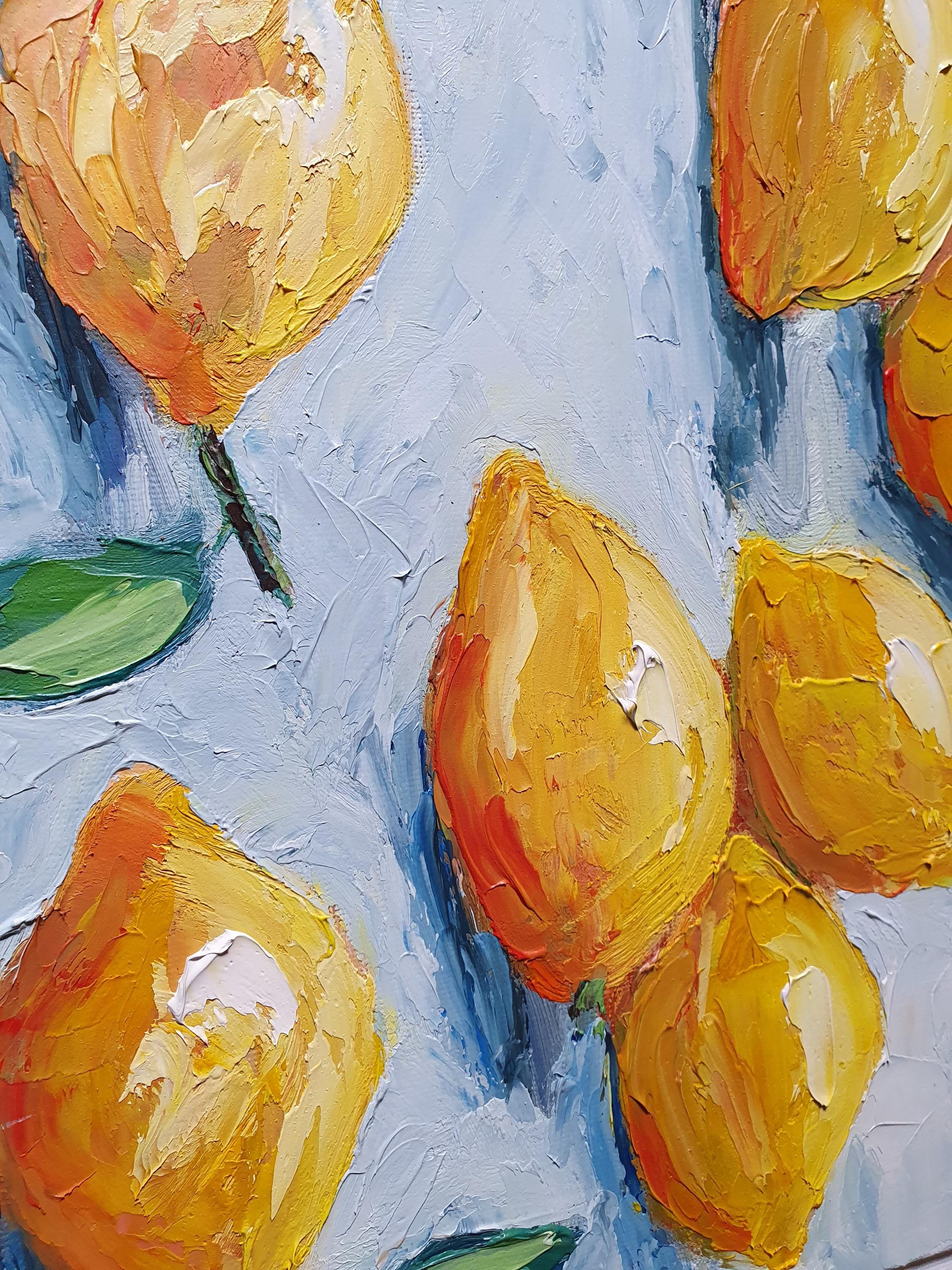 レモンの絵画：オリジナル油彩インパスト静物画、12x12 - Etsy 日本