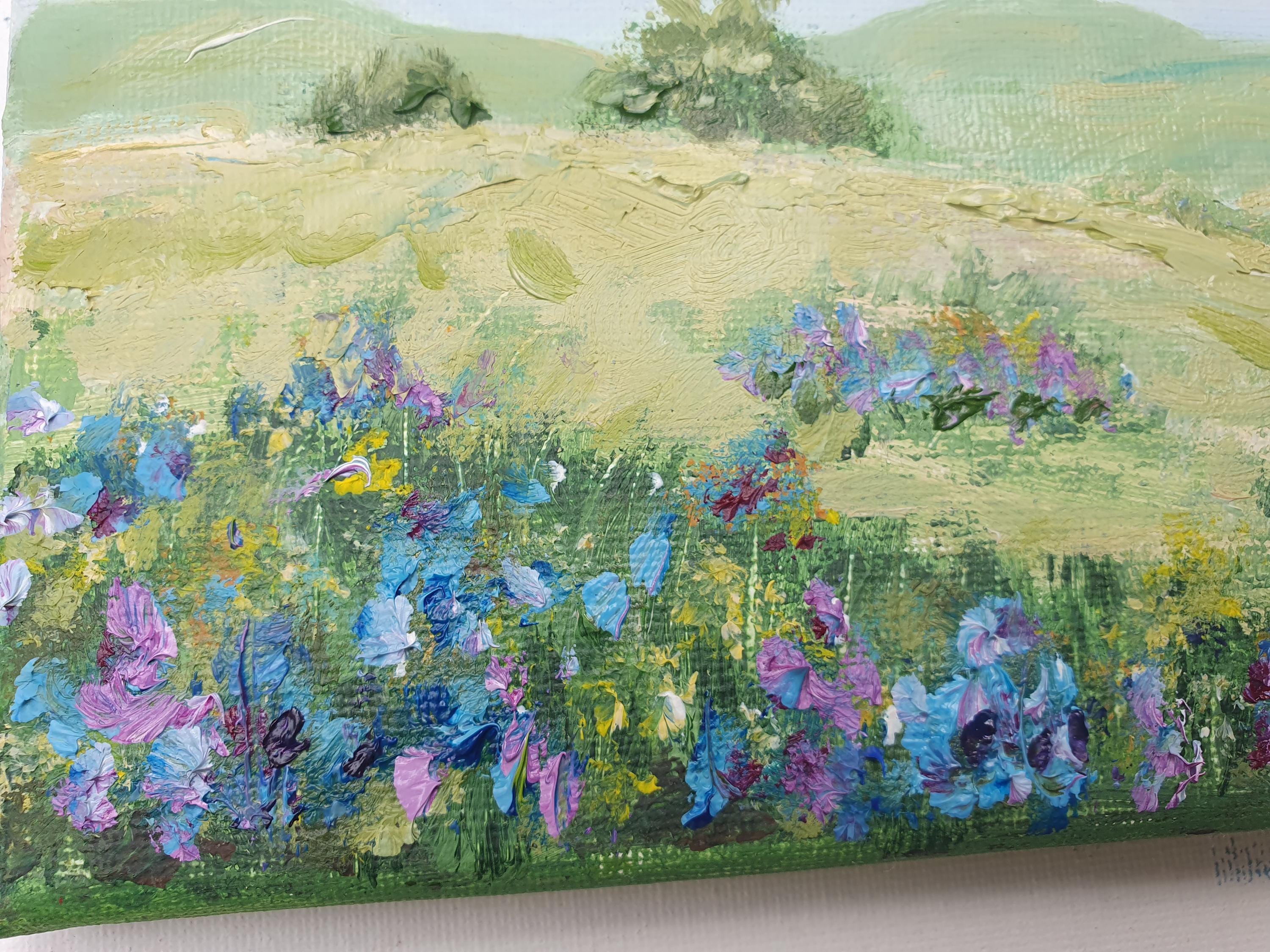 テキサス・ブルーボネットの草原の油絵：5x7インチの野生の花の風景画