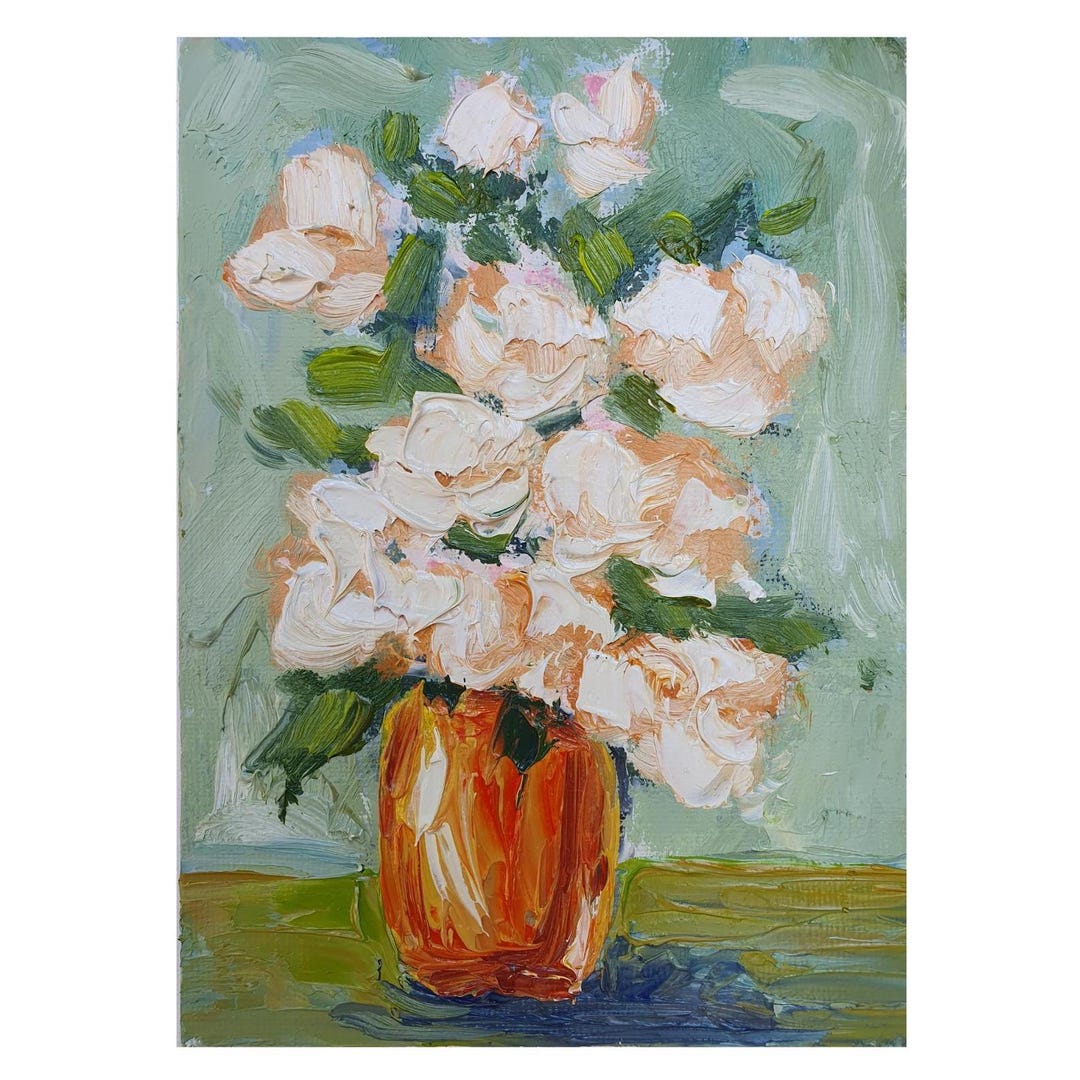 白いバラの油絵：花の静物画、インパストアート、デシ・グテヴァ作