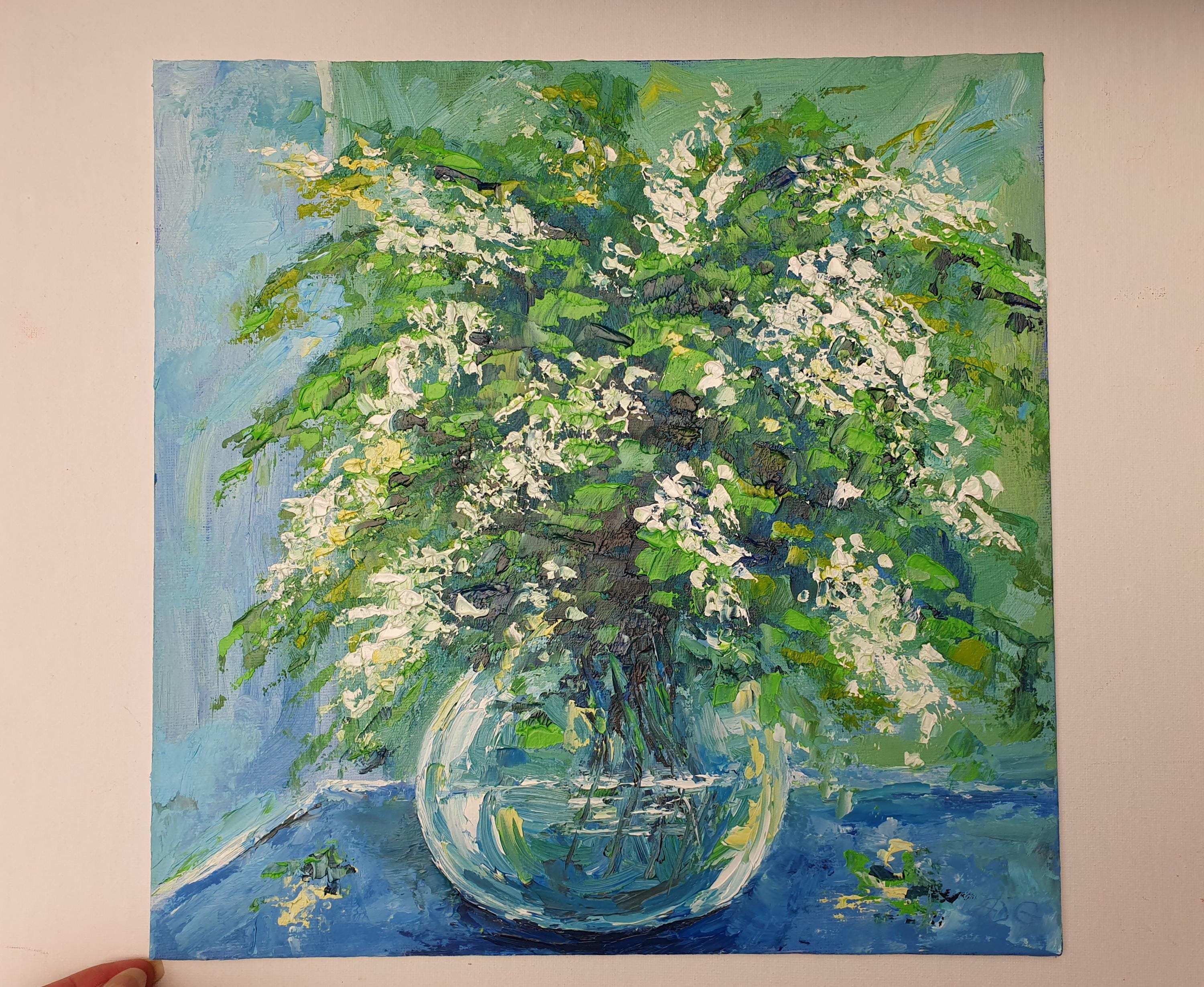 アカシアの花束の絵画：オリジナルのインパスト花油絵静物画（12インチ