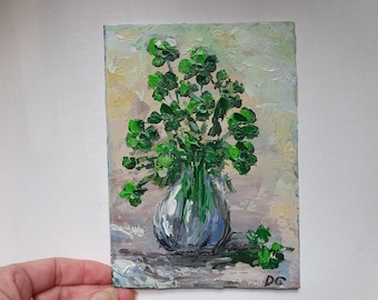 Four Leaf Clover Oil Painting: St Patrick's Day Irish Art (5x7 in)