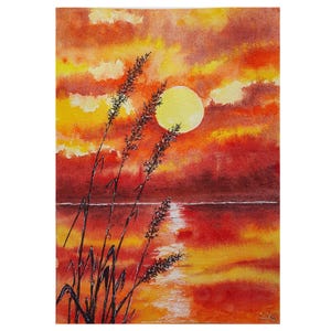 Tramonto sul lago, dipinto ad acquerello originale, sole e nuvole, arte murale, cielo al tramonto, opera d'arte, fiori selvatici del lago, paesaggio del lago rosso-arancio