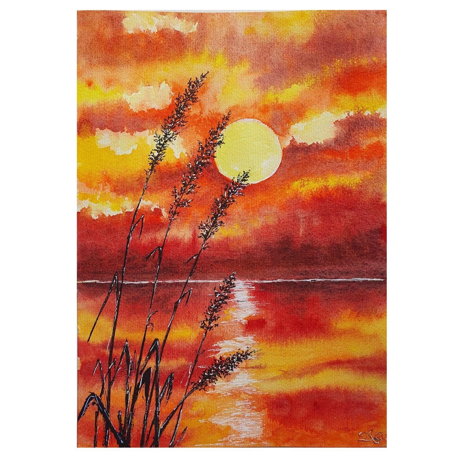 湖の夕日を描いたオリジナル水彩画：赤オレンジ色の空のアート（8x10