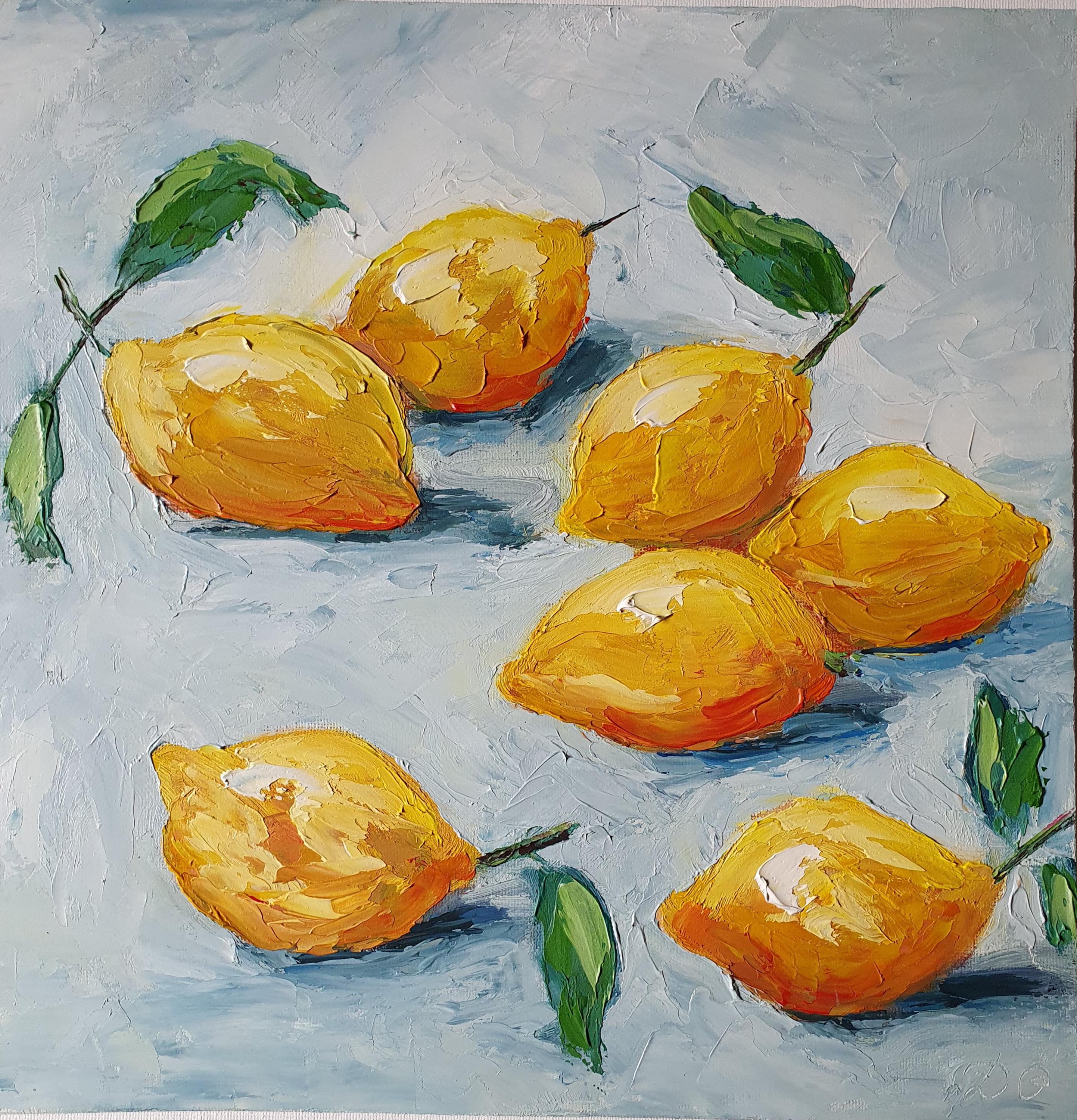 レモンの絵画：オリジナル油彩インパスト静物画、12x12 - Etsy 日本