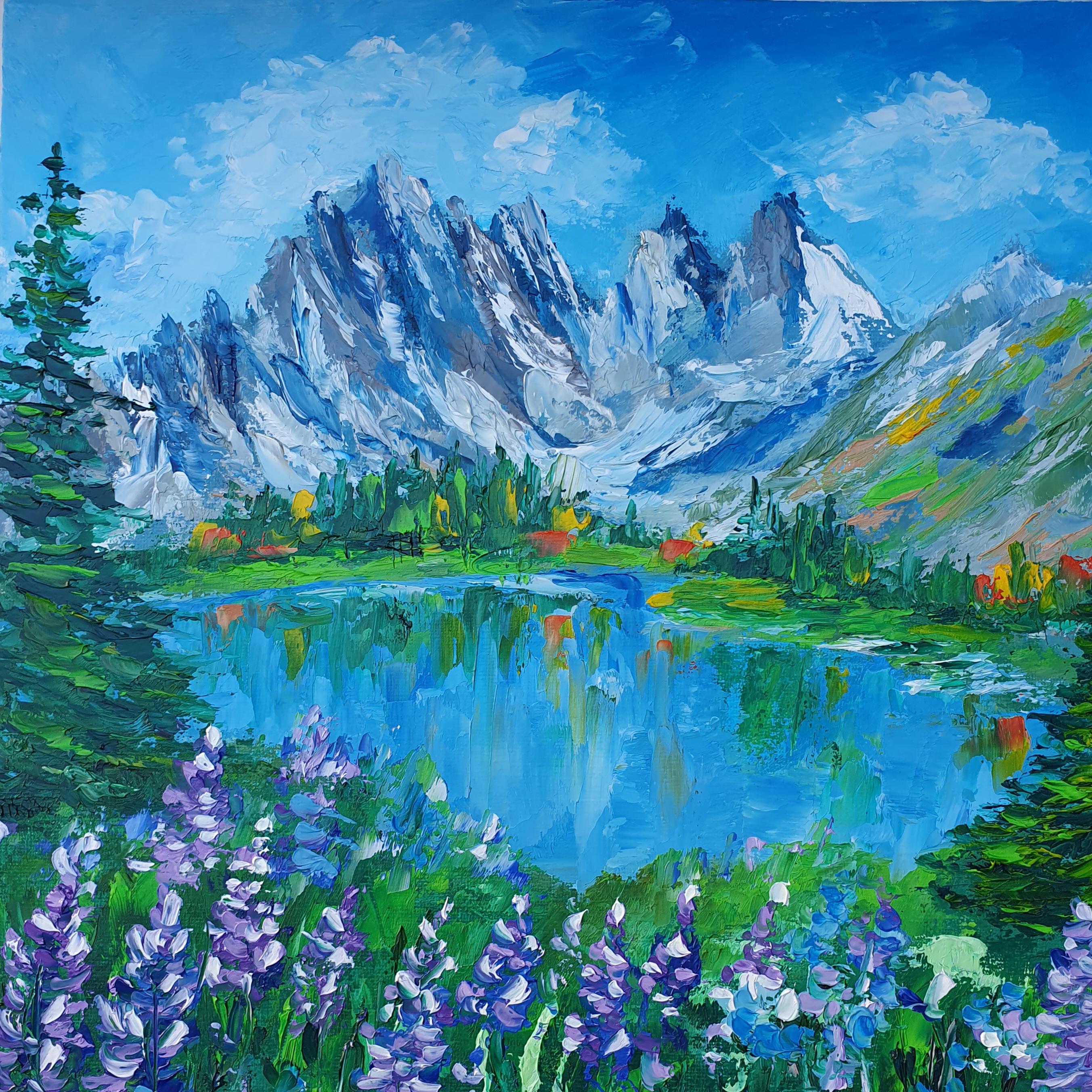 Rocky Mountains Oil Painting: Impasto Mountain Lake, Wildflower