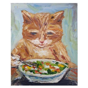 Peinture de chat, peinture à l'huile originale de chat roux, portrait d'animal de compagnie, art mural, peinture à l'huile d'empâtement, chaton orange avec bol de nourriture, oeuvre d'art par Desi Guteva