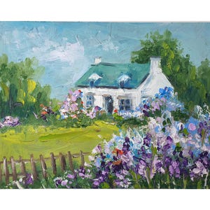 Pintura de casa de campo irlandesa Irlanda Arte original Flores Jardim Paisagem rural Impasto Pintura a óleo Fazenda irlandesa Arte impressionista