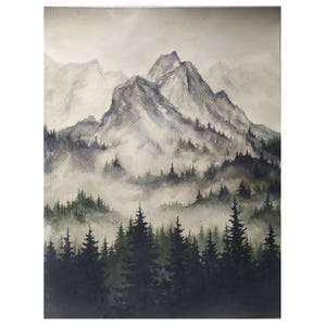 Dipinto originale del Glacier National Park da 10"-14" con acquerello, paesaggio di foresta montana sempreverde, alberi di pino nebbiosi, arte murale, arte delle montagne fumose