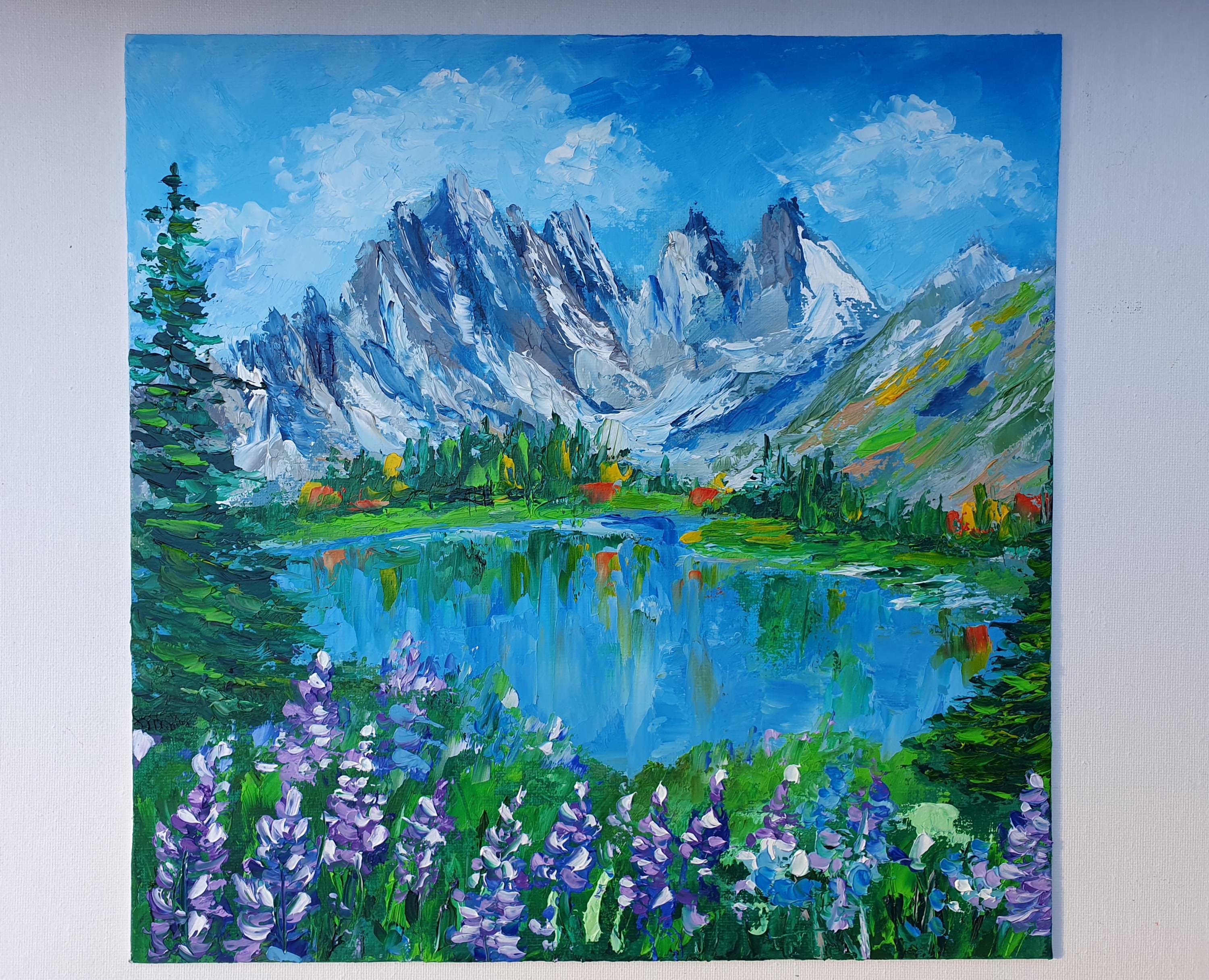 ロッキー山脈の油絵：インパストマウンテンレイク、ワイルドフラワー
