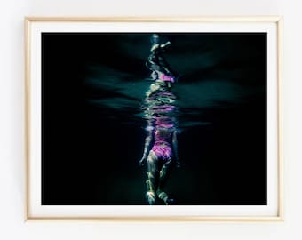 Swimming Woman Print-Moody Swimming Print-Woman Swims Under Water Print-Woman and Sea Print-Ocean Print-Modern Swimming Photography Print