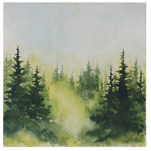 Dipinto di foresta di pini nebbiosi 6"-6" Arte originale ad acquerello Paesaggio sempreverde del Pacifico nord-occidentale Alberi di pino nebbiosi Arte murale Arte verde e gialla