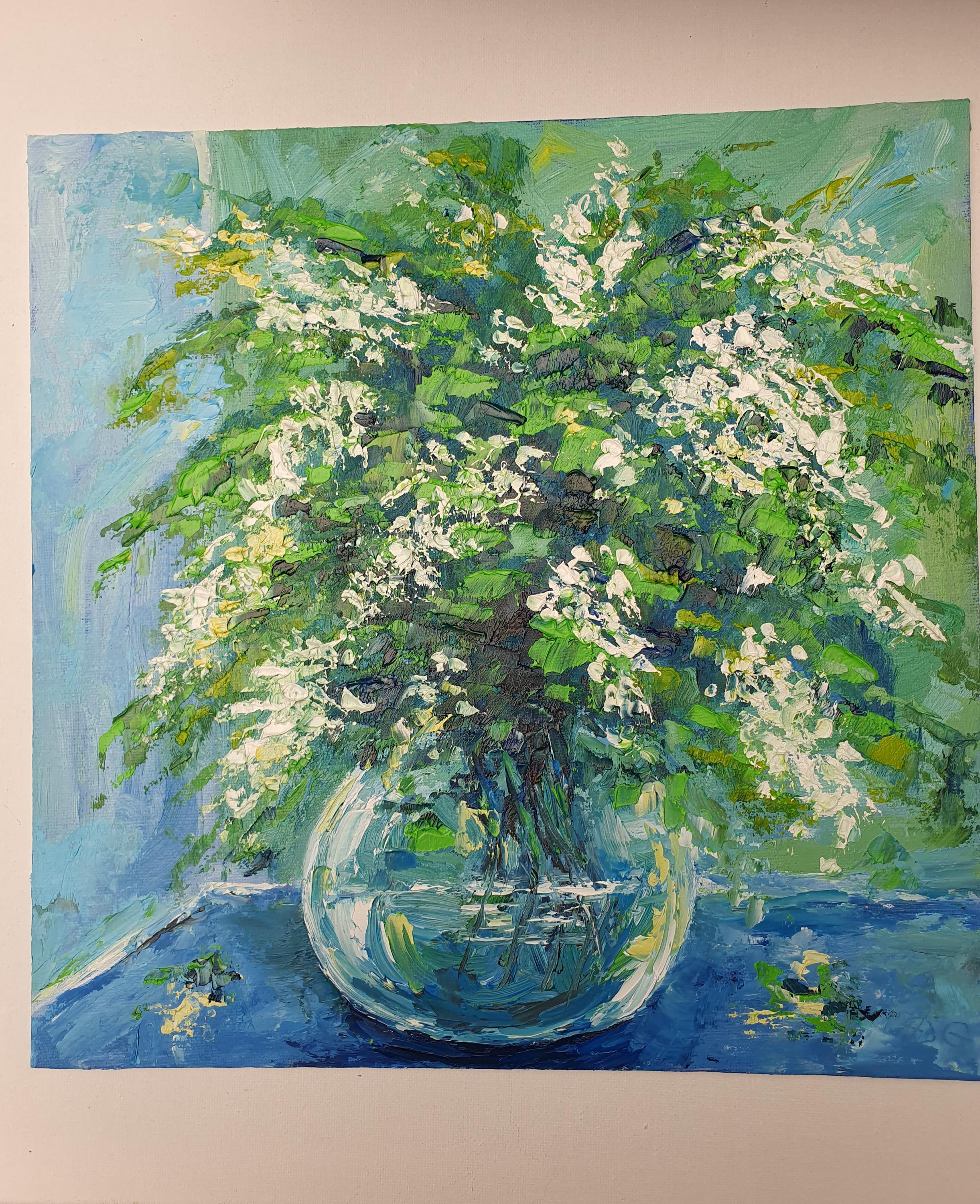 アカシアの花束の絵画：オリジナルのインパスト花油絵静物画（12インチ