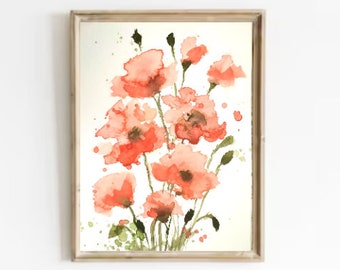 Poppy Painting 6"-8" Original Watercolor Poppies Wall Art Abstract Poppies Artwork Botanical Wall Art Watercolor Flowers Art  Poppy Art