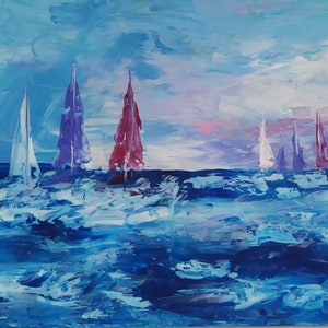 Veleros pintura 12"-17" original abstracto paisaje marino lienzo arte blanco rosa violeta veleros arte puesta de sol nubes cielo pintura mar olas arte