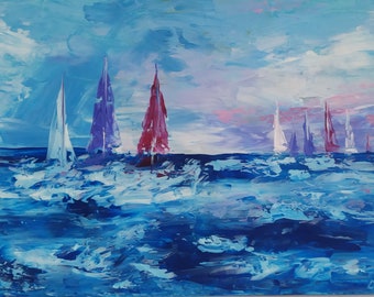 Sailboats Painting 12"-17" Original Abstract Seascape Canvas Art White Pink Violet Sailboats Art Sunset Clouds Sky Painting Sea Waves Art