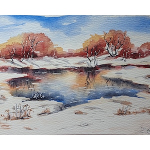 Dipinto Forest Lake 5" x 7" Paesaggio invernale-autunnale Originale Acquerello Opera d'arte Alberi autunnali e scena innevata nella foresta Alberi autunnali della Borgogna