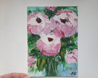 Peonía pintura flor arte original peonías impasto pintura al óleo pequeñas flores arte de la pared 5x7 rosa peonía arte impresionista arte floral