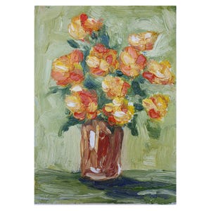 Pintura de rosas anaranjadas, flores originales, bodegón, arte floral, empasto, arte al óleo, jarrón con rosas anaranjadas y amarillas, arte mural, obra de arte impresionista
