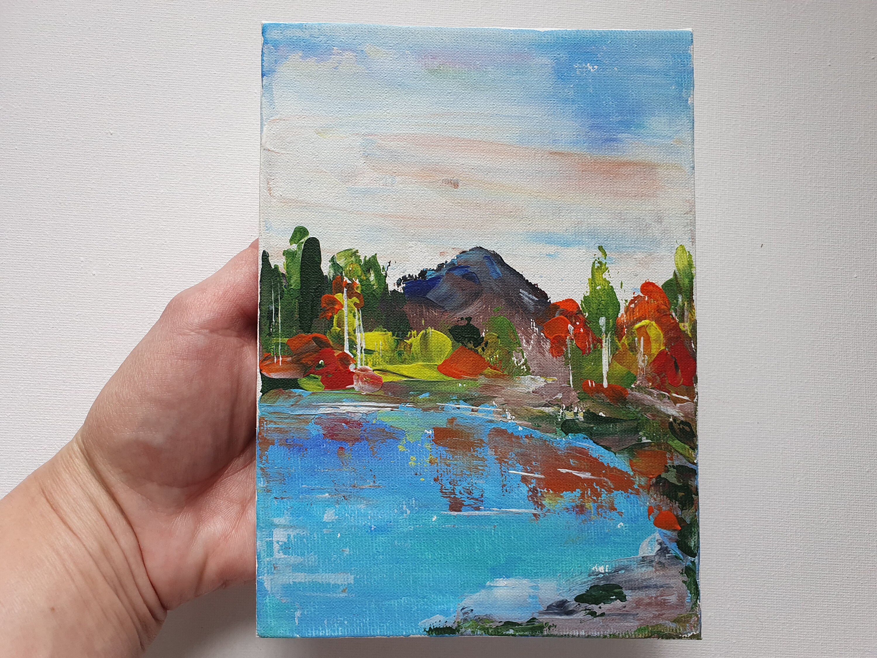 Aspen Pintura 5"-7" Paisaje de otoño Arte original Bosque del lago con abedules y pinos Arte de la pared Pequeño otoño Aspens Bosque Paisaje Arte