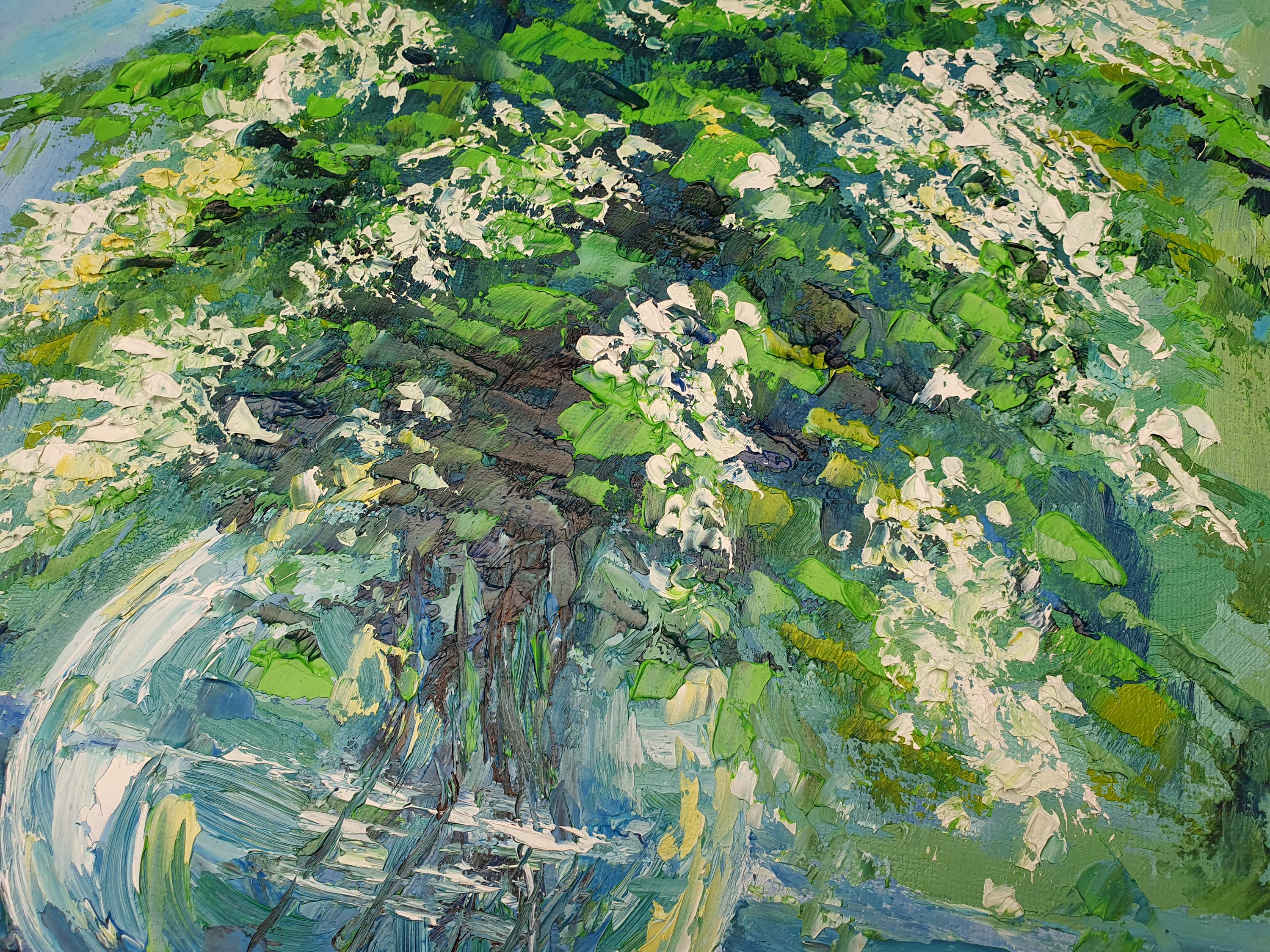 アカシアの花束の絵画：オリジナルのインパスト花油絵静物画（12インチ