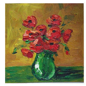 Pintura de amapola Amapolas Bodegón Arte al óleo original Jarrón verde con amapolas Arte de pared Bodegón floral Pintura pequeña Arte de flores rojas