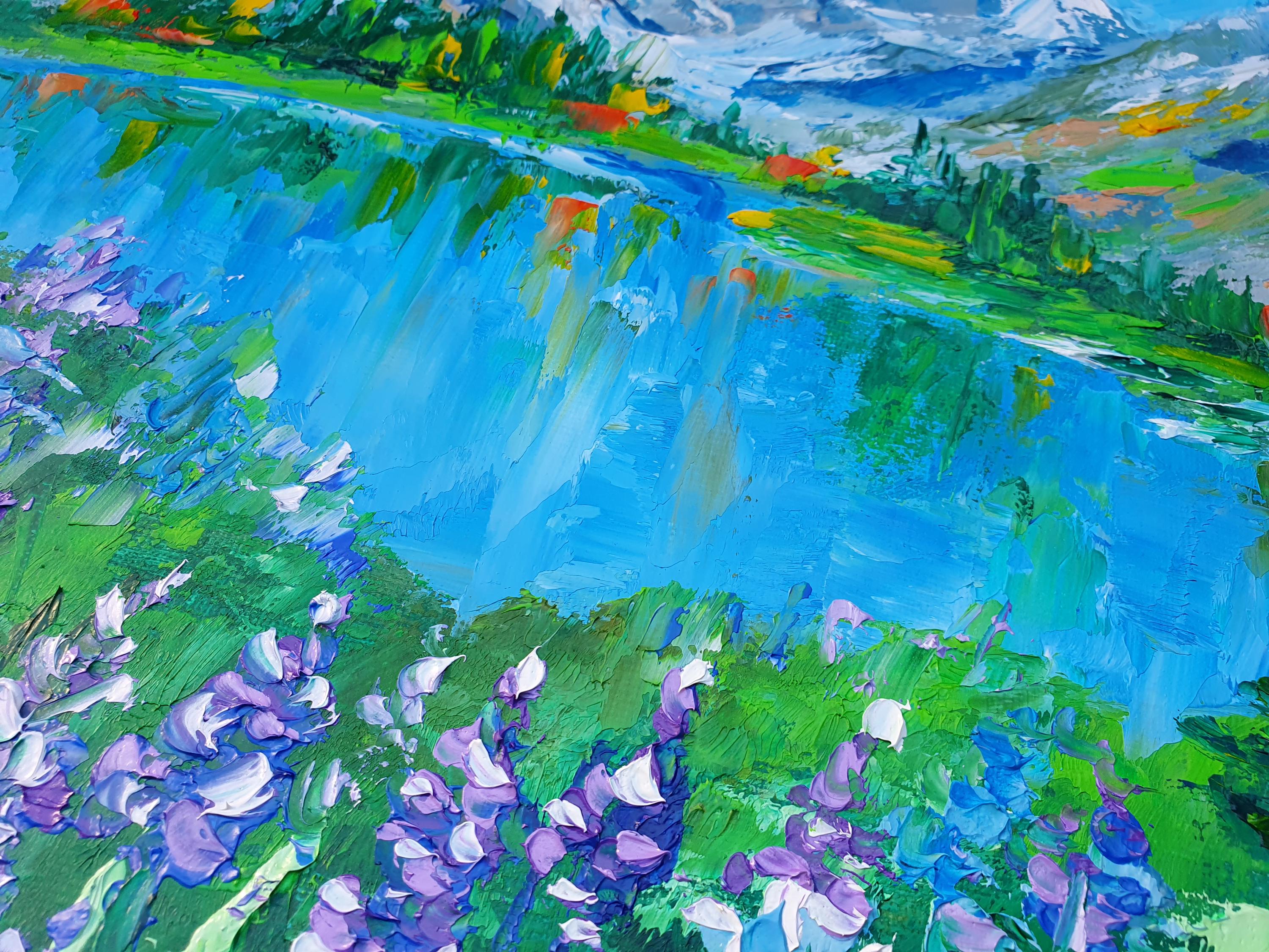 ロッキー山脈の油絵：インパストマウンテンレイク、ワイルドフラワー