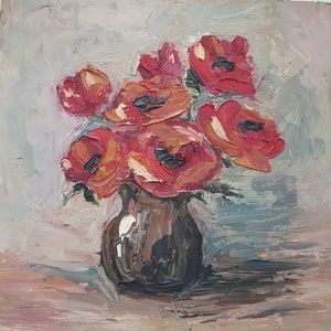 Pintura de flores 8" por 8" Papoula Pintura a óleo original Natureza morta floral Arte Papoulas Pintura empastada Flores vermelhas em vaso preto Arte a óleo