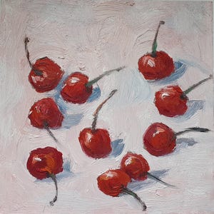 Cherries Painting 8&quot; by 8&quot; Cherries Original Oil Impasto Painting Fruit Painting  Cherries Artwork Fruit Still Life Art Kitchen Still Life