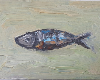 Sardine Impasto Oil Painting: Kitchen Farmhouse Still Life Art Fish Art by Desi Guteva