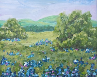 ブルーボネットの草原の絵画：テキサスの風景画 インパスト油彩画（8x8