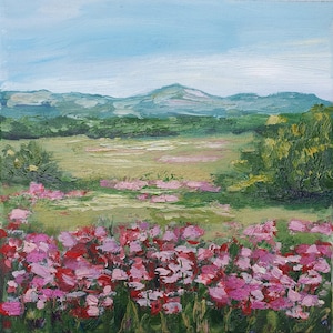 Wildflowers Meadow Painting 8&quot; by 8&quot; Spring Summer Landscape Original Small Oil Artwork Field of Flowers Wall Art Countryside Landscape Art