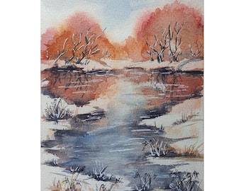 湖の夕日を描いたオリジナル水彩画：赤オレンジ色の空のアート（8x10