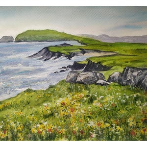 Dingle Peninsula Painting 8"-10" Original Watercolor Ireland Landscape Wall Art Irish Farmland Artwork Green Hills Art Ireland Coastal Art by Desi Guteva