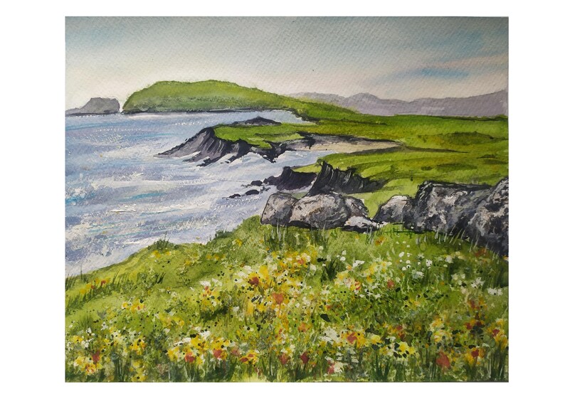 Dingle Peninsula Painting 8"-10" Original Watercolor Ireland Landscape Wall Art Irish Farmland Artwork Green Hills Art Ireland Coastal Art by Desi Guteva