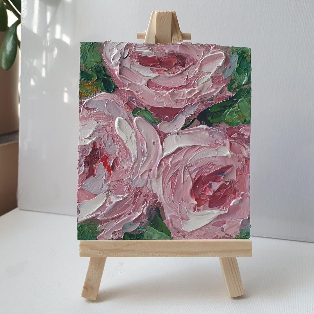 Roses Painting Pink Floral Oil Impasto Miniature Art With Tripod by ...