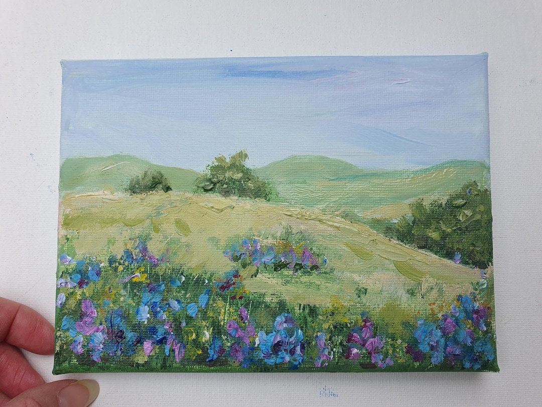 テキサス・ブルーボネットの草原の油絵：5x7インチの野生の花の風景画
