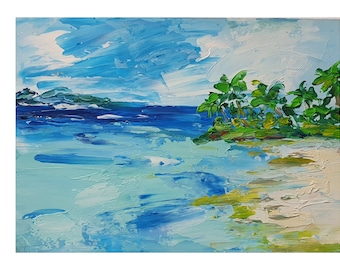ハワイのビーチ油絵：デシ・グテヴァによるオリジナルのヤシの木の海景インパストアート