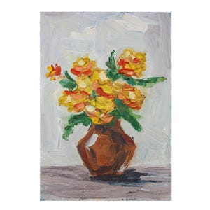 Pintura de flores amarelas e laranjas, flores silvestres, ainda vivas, pintura a óleo original, impasto, vaso abstrato com flores, arte de parede, natureza morta floral