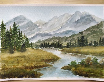 オリジナル水彩画「ロッキー山脈の絵画：川の風景画」（8x12インチ