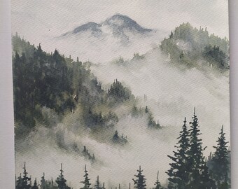 霧深い山の松林の絵画 デジ・グテバによるオリジナル水彩風景画 - Etsy