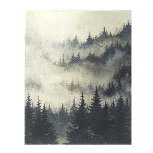 Dipinto originale Oregon Misty Pine Forest 8"-10" Acquerello sempreverde Paesaggio di foresta di montagna Alberi di pino nebbiosi Arte murale Arte foresta fumosa