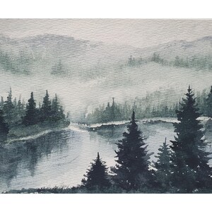 Dipinto Clear Lake 5"-7" Oregon Lake Pine Forest Originale Acquerello Arte Paesaggio Oregon Alberi di pino nebbiosi Opera d'arte Acquerello Lago di montagna